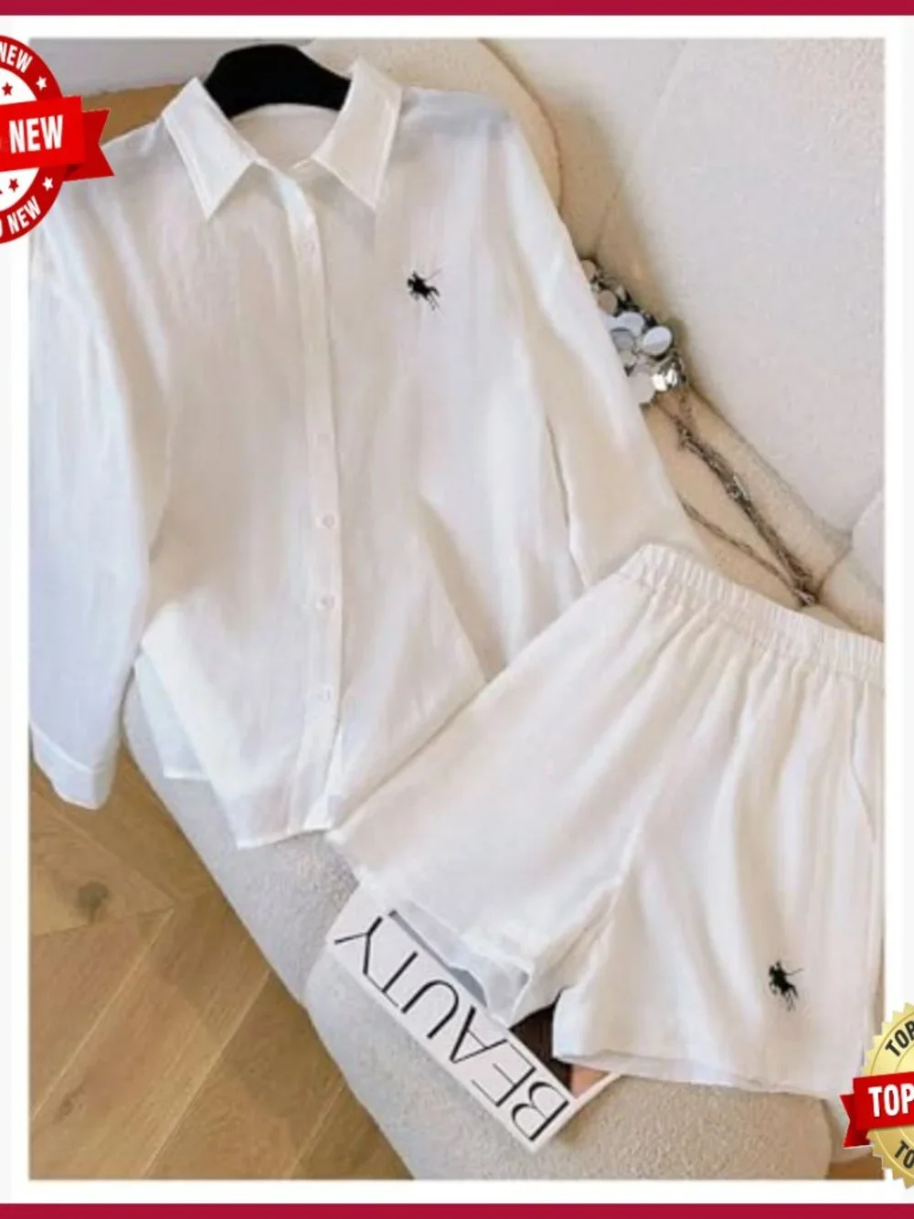 Long Sleeve Button Down Shirt and Mini Shorts Pajama Set, Linen-Like - Picture 4 of 5